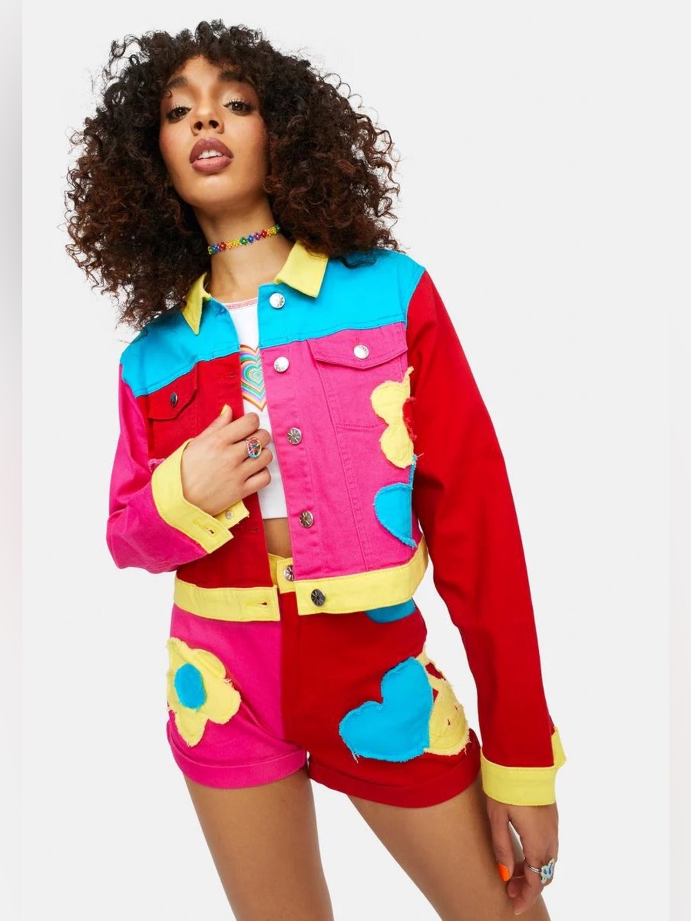 dELiA*s (Dollskill) Colorblock Cropped Denim Jacket in Pink, Red, Blue & Yellow